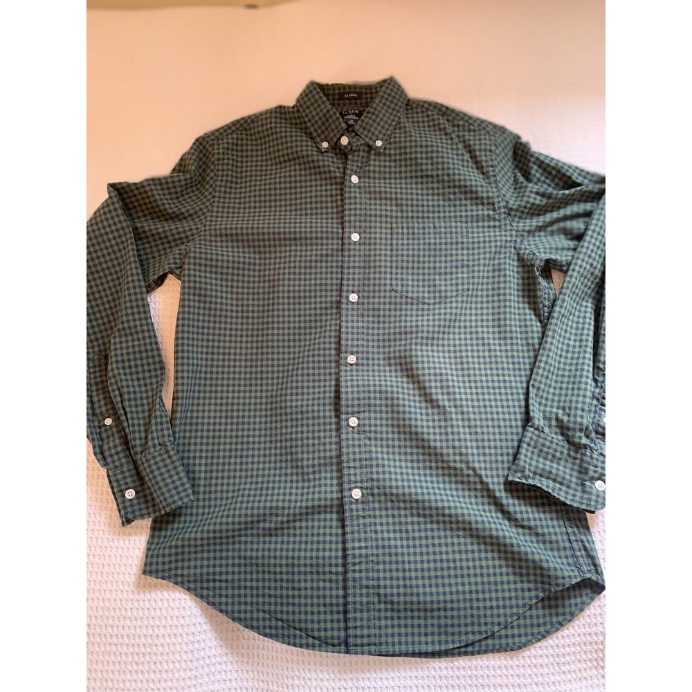 J.Crew Button Down Shirt Mens Medium Green Gingham Flex Washed Classic ‎ Fit